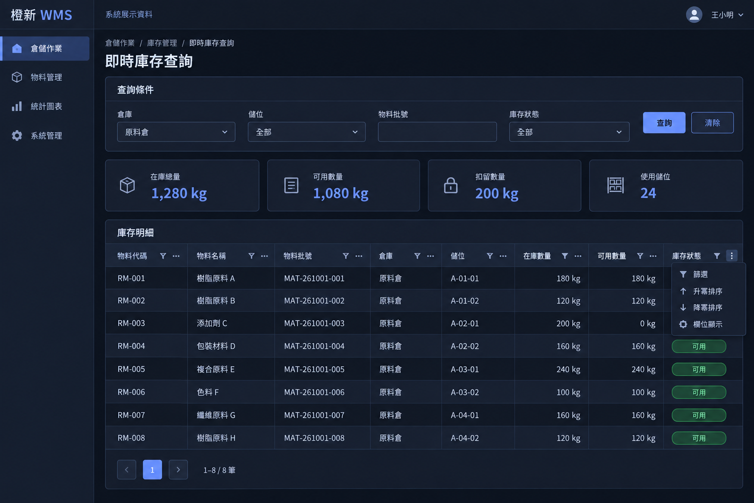 橙新 WMS 即時庫存查詢展示畫面,包含倉庫、儲位、物料批號與庫存狀態條件,以及批號庫存明細。